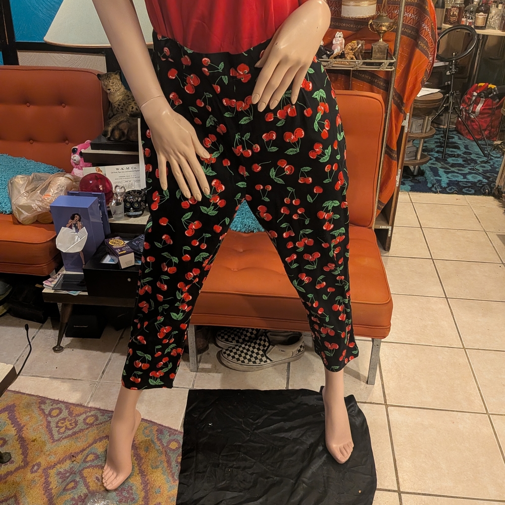 Hell Bunny Black and Red Cherry Patterned Ankle Length Pants